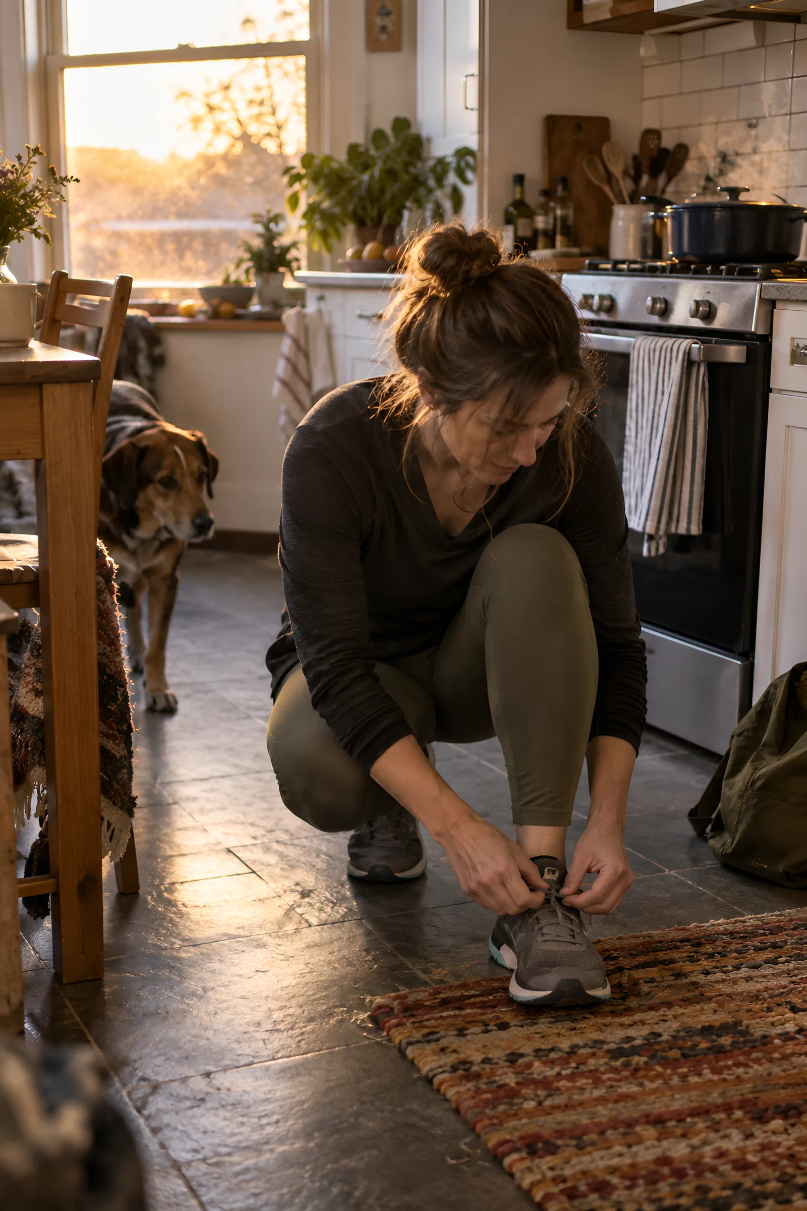 A woman lacing her shoes in her kitchen in the evening light