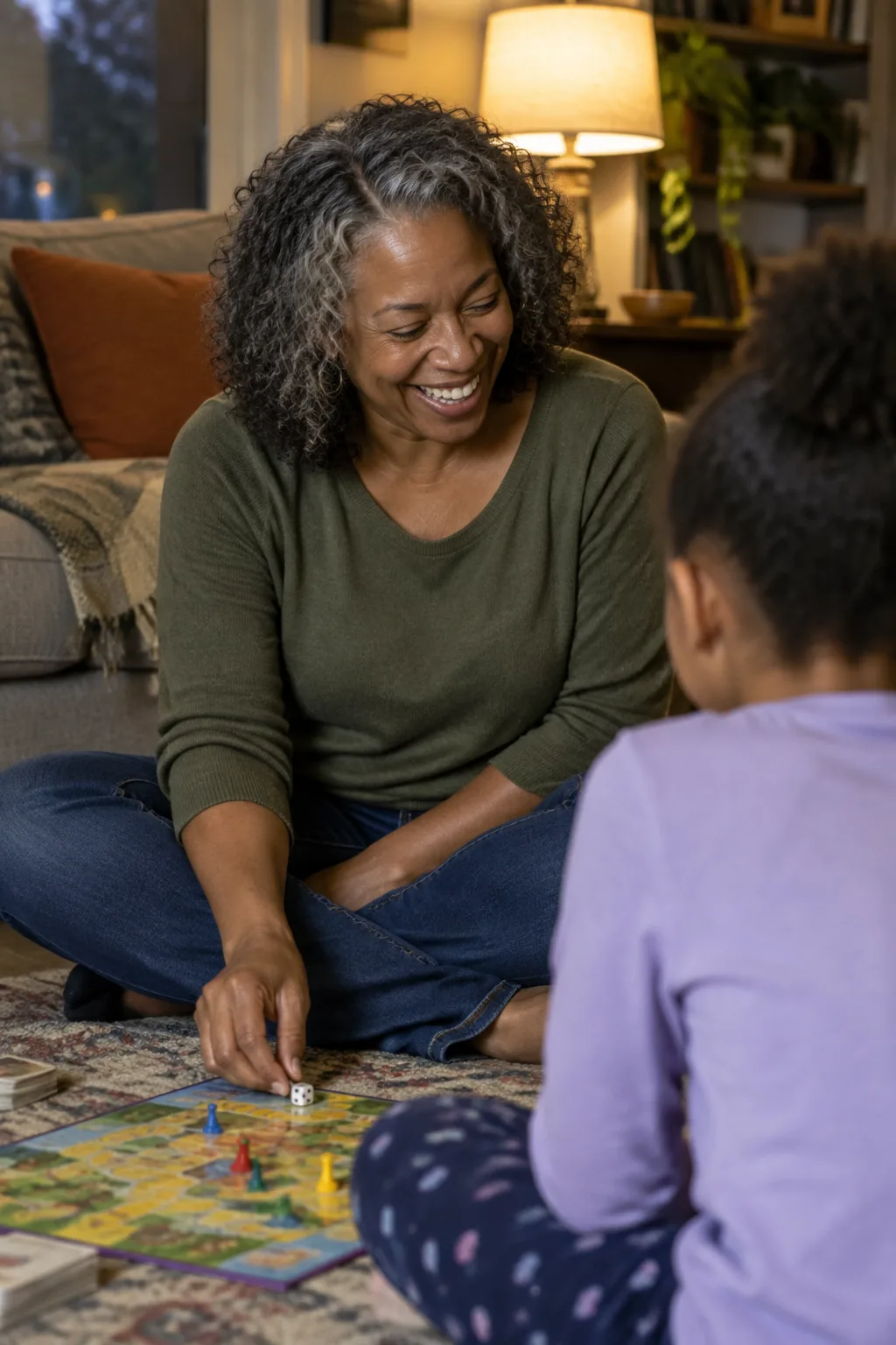 A woman in her fifties on the living-room rug playing a board game with a child