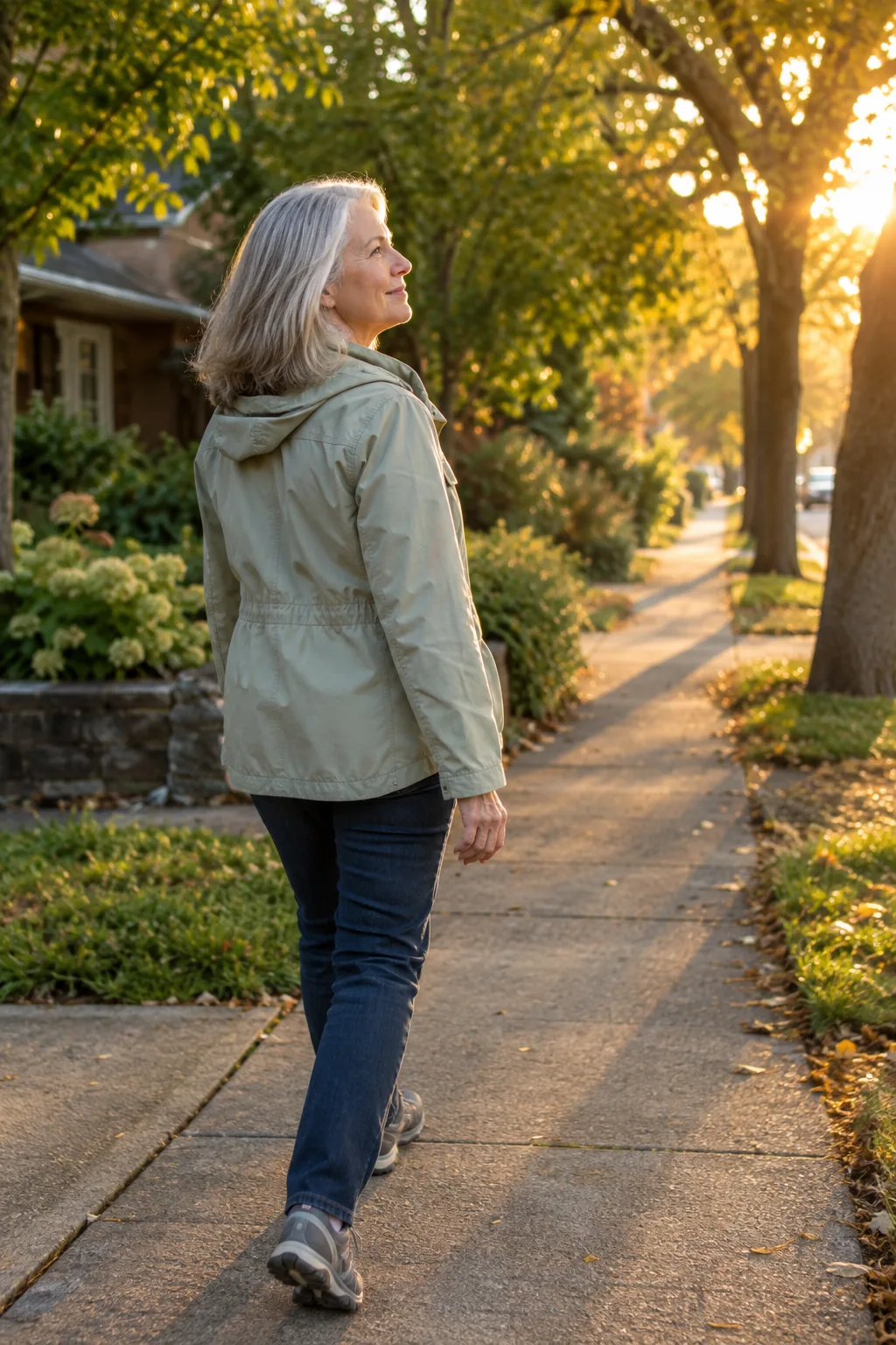 A woman in her fifties on an evening walk in golden light