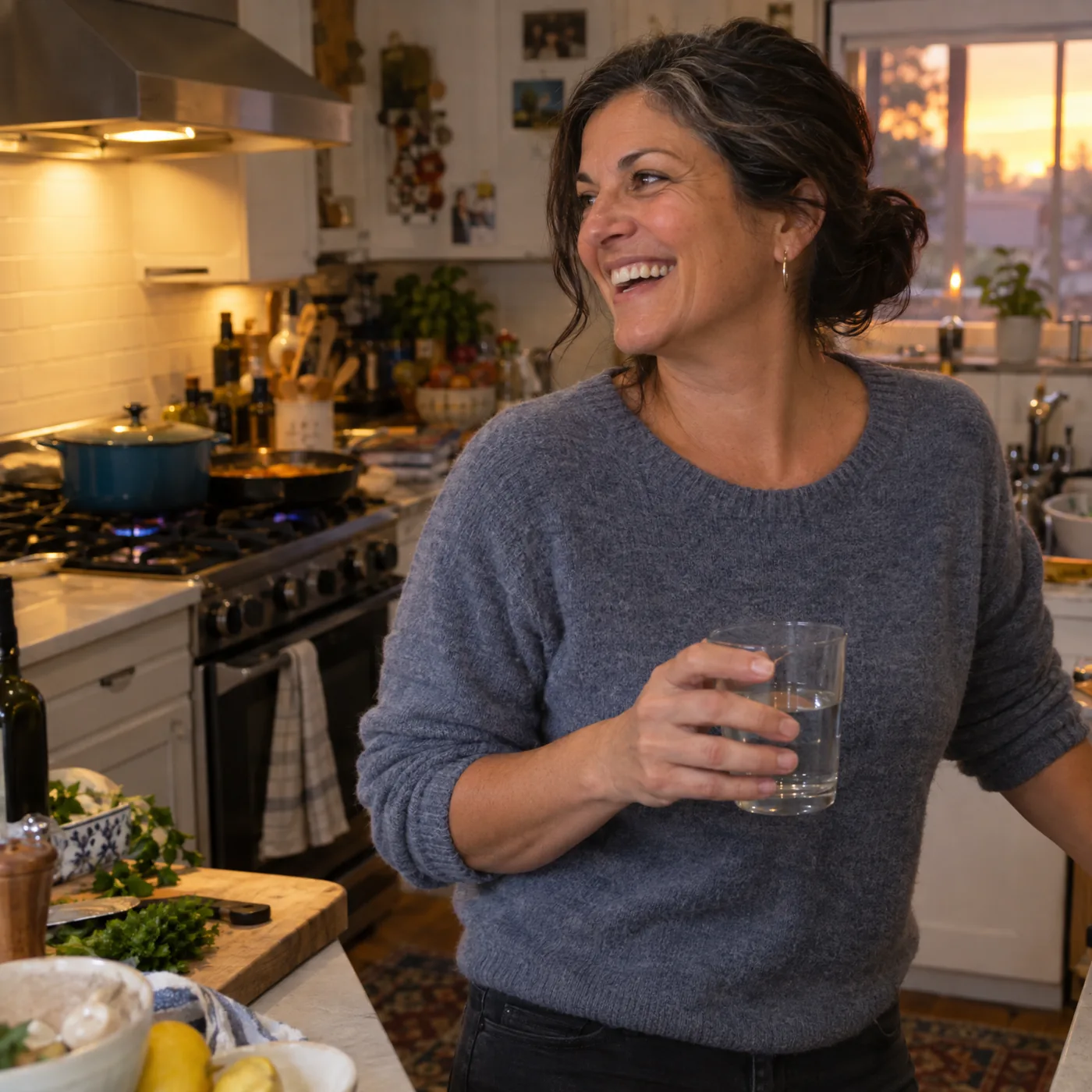 A woman in her fifties laughing in her kitchen at six in the evening, dinner started behind her