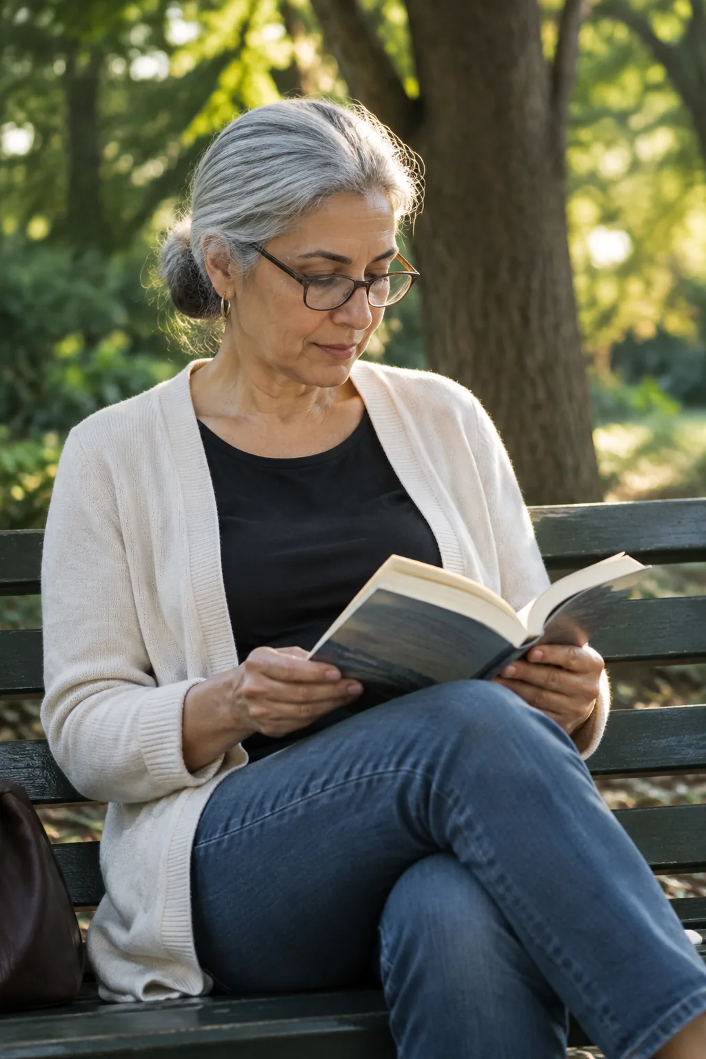 A woman in her fifties reading on a park bench in the afternoon light