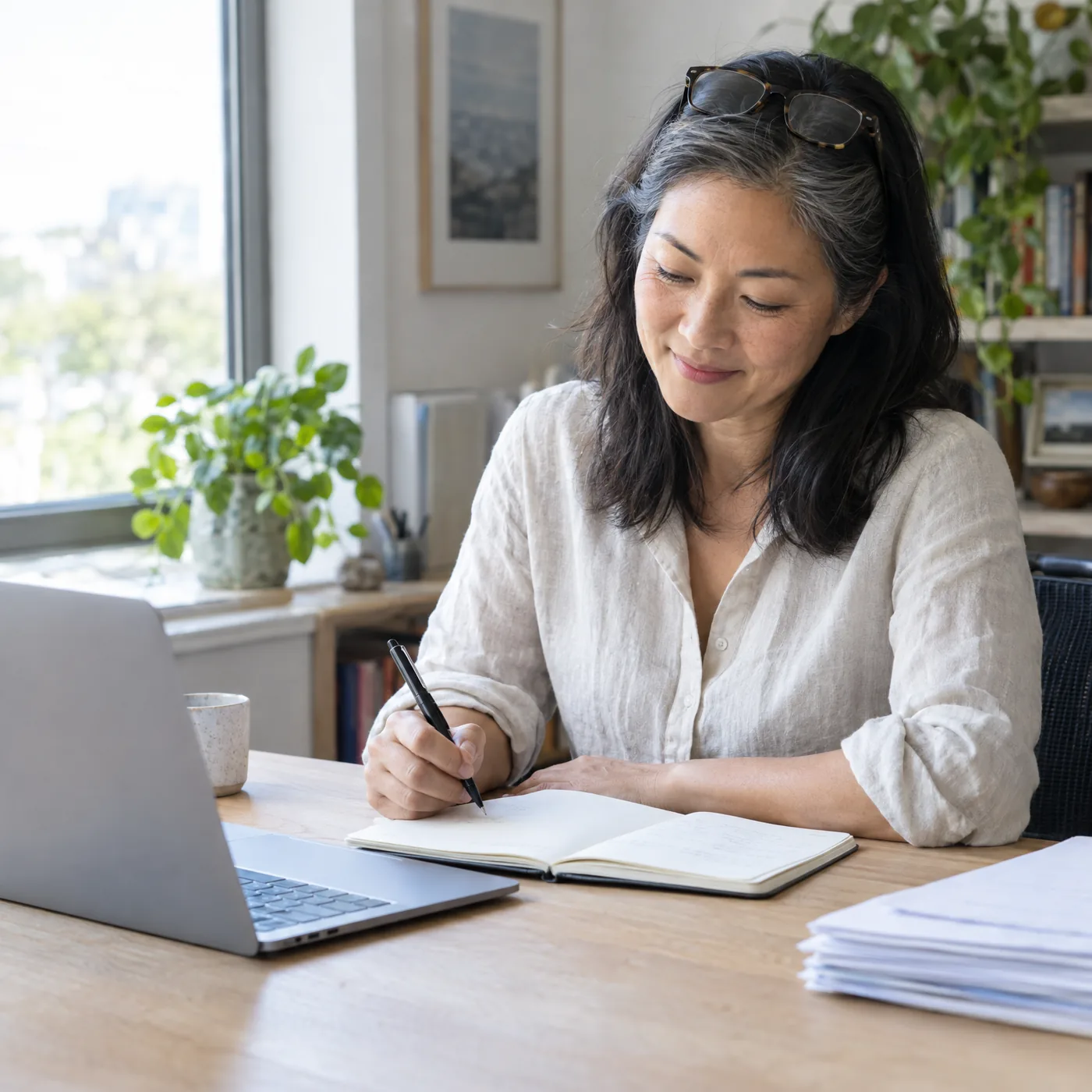 A woman in her late forties at a bright desk by a window at midday, pen in hand, at ease