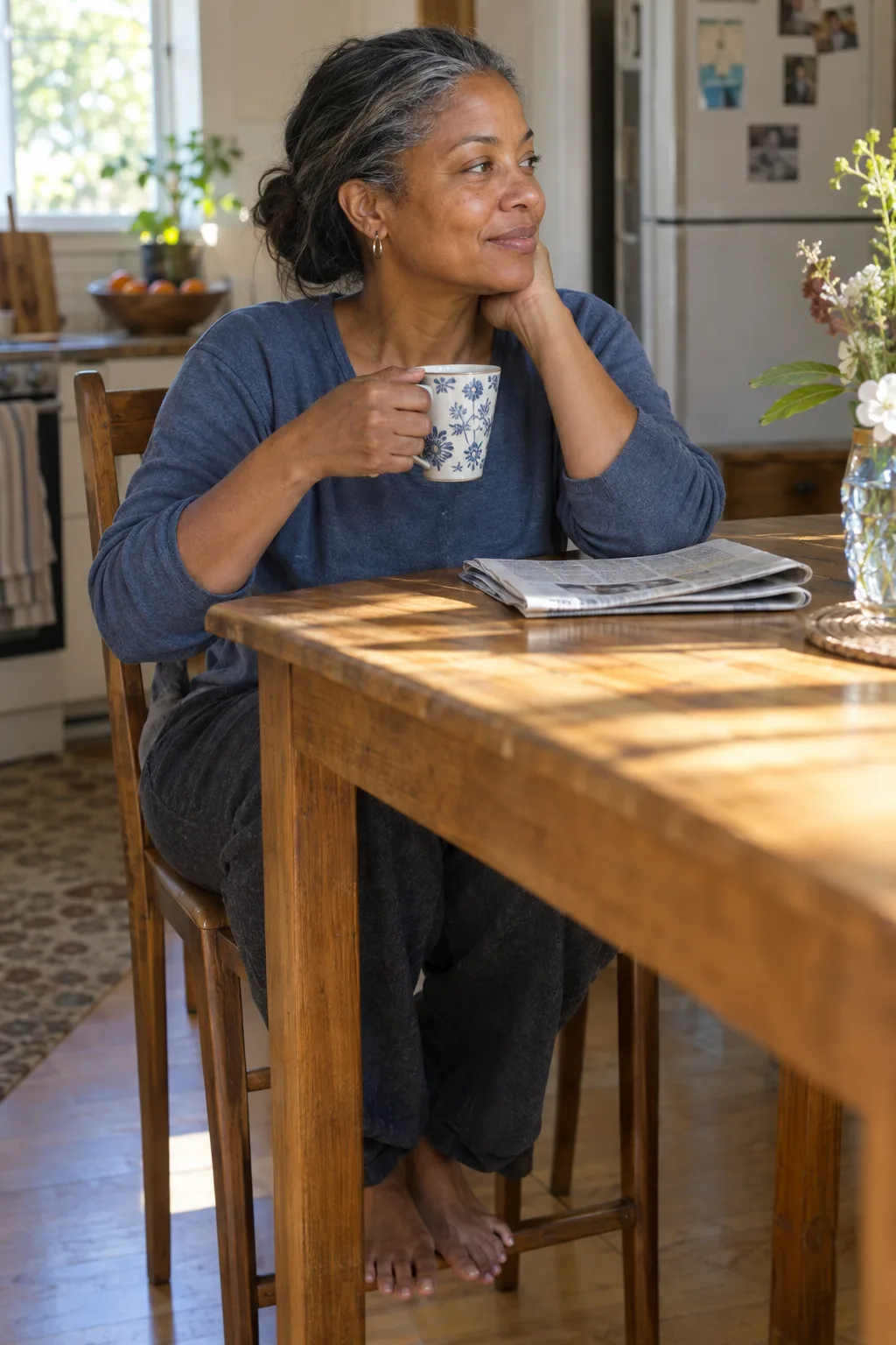 A woman in her fifties at a sunny kitchen table at seven in the morning, coffee and a newspaper
