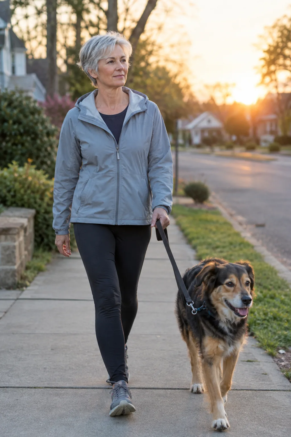 A woman in her fifties on an early walk with her dog at sunrise