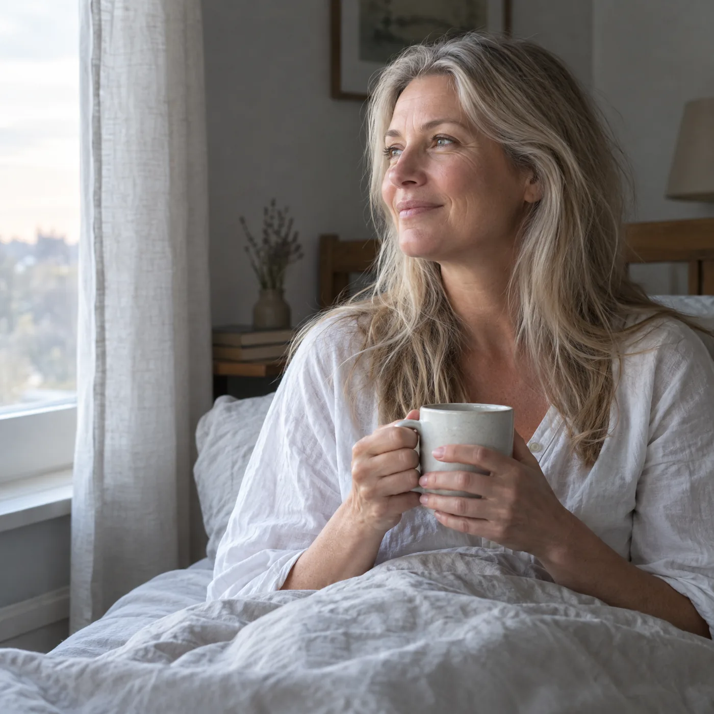 A woman in her fifties sitting up in bed in the morning light, rested, a mug in her hands