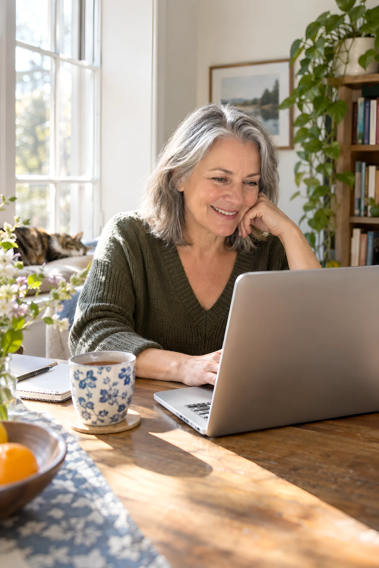A woman smiling at her laptop by a window