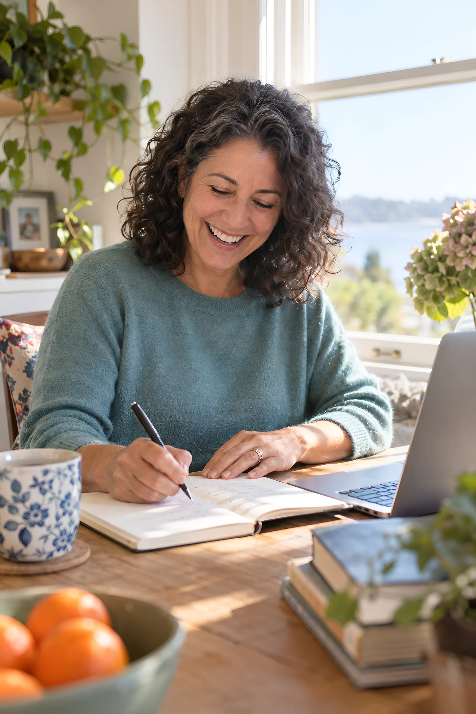 A woman writing at her desk by a window, smiling