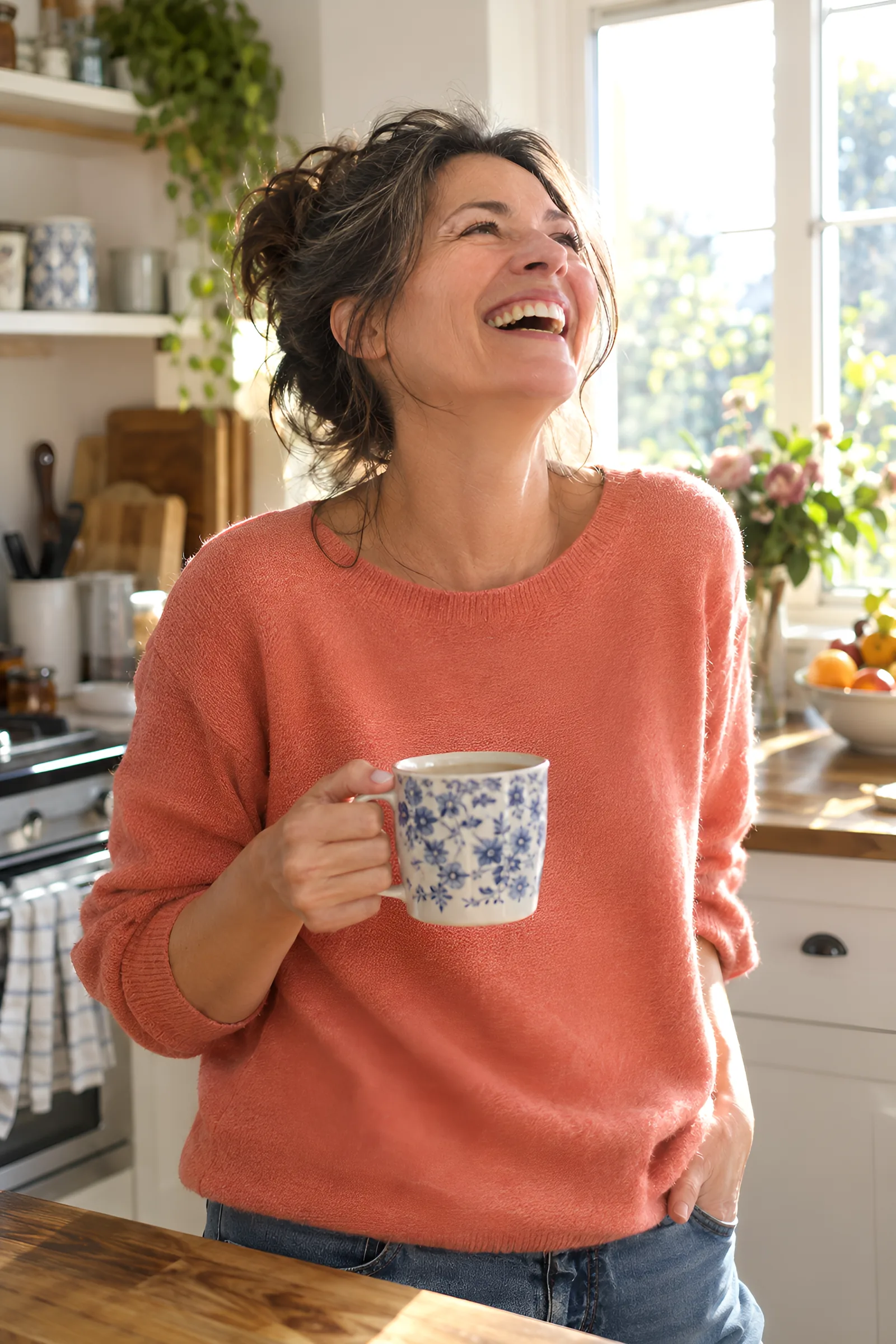 A woman in her forties laughing in her kitchen in the morning, a mug in her hand