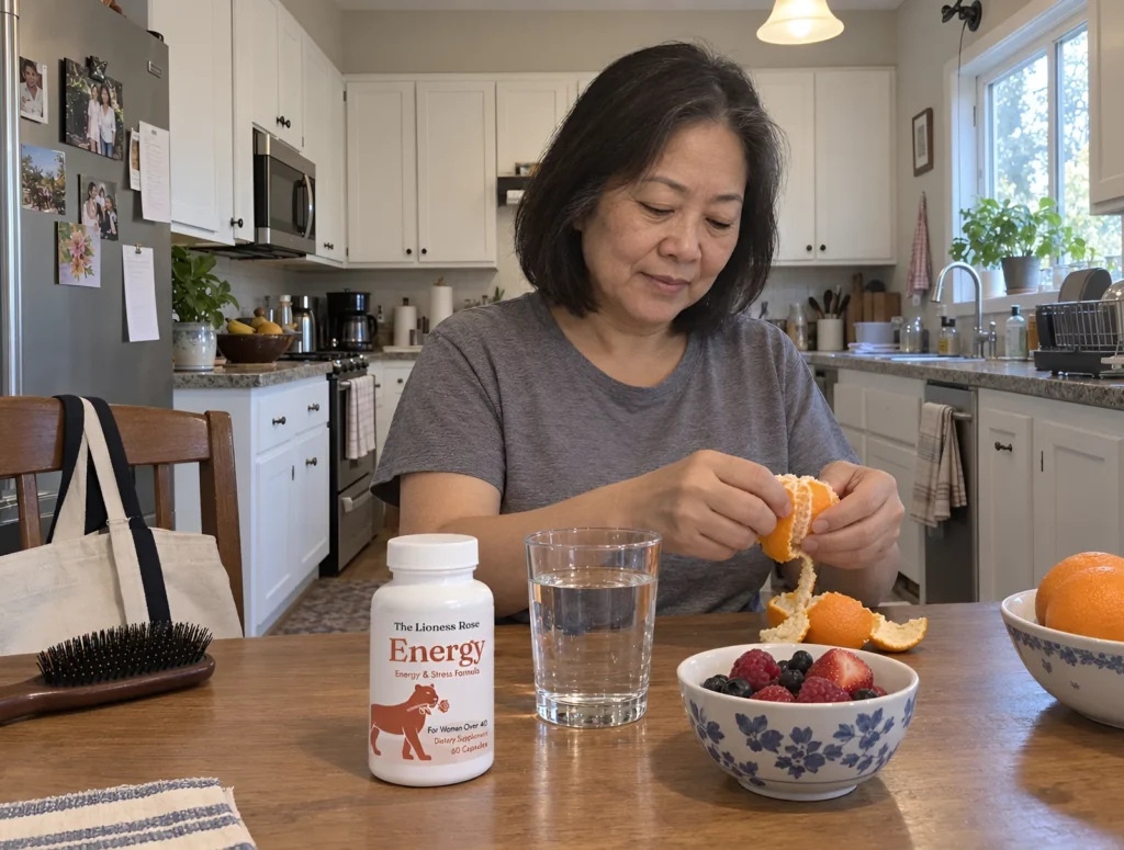 The Lioness Rose Energy bottle on the breakfast table beside a bowl of fruit