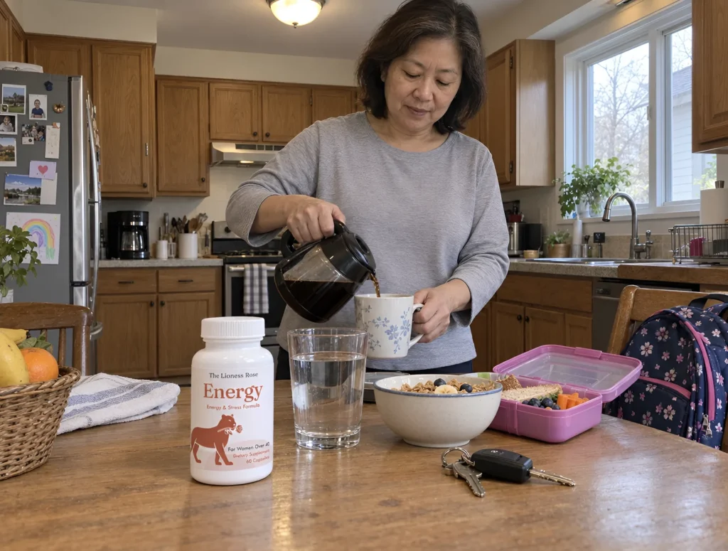 The Lioness Rose Energy bottle on the breakfast table while a woman pours her coffee