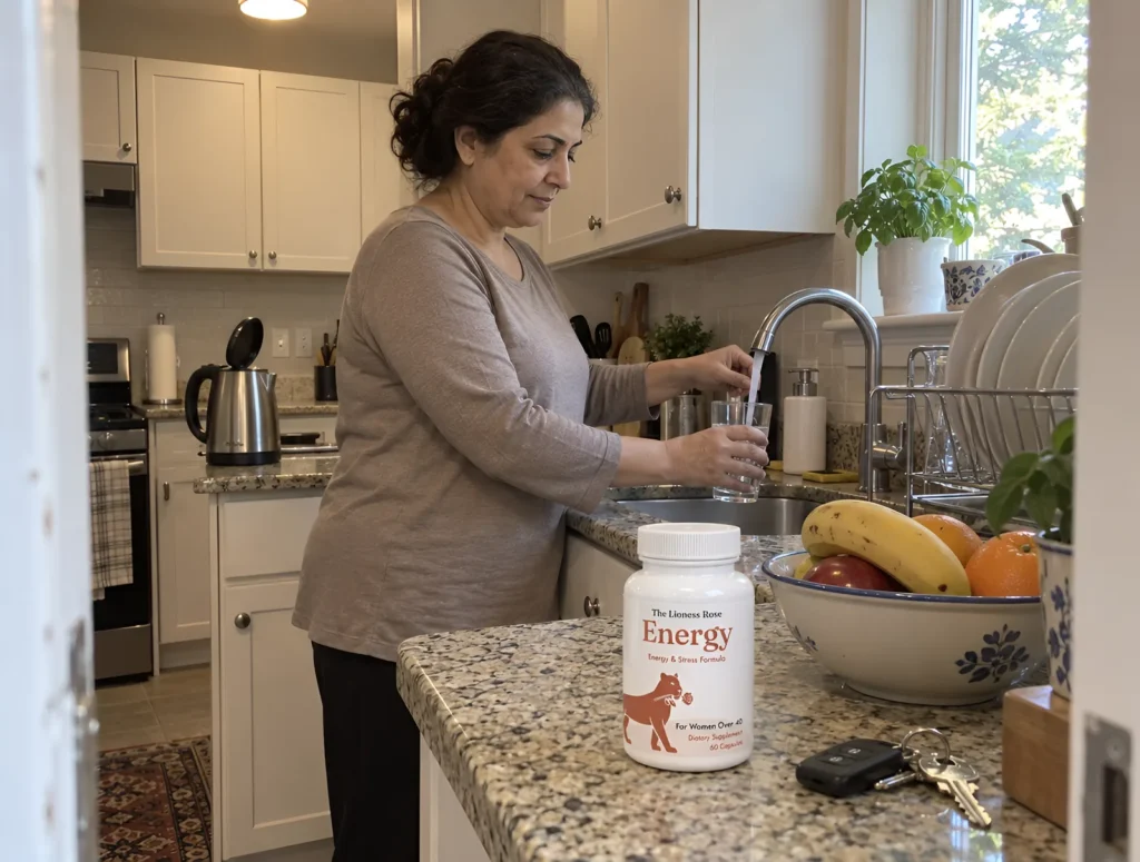 The Lioness Rose Energy bottle on the kitchen counter beside a glass of water