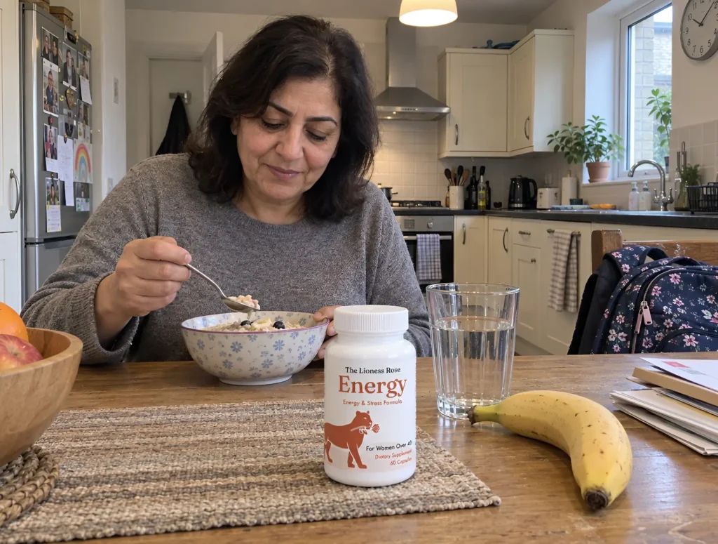The Lioness Rose Energy bottle on the kitchen table while a woman eats her breakfast