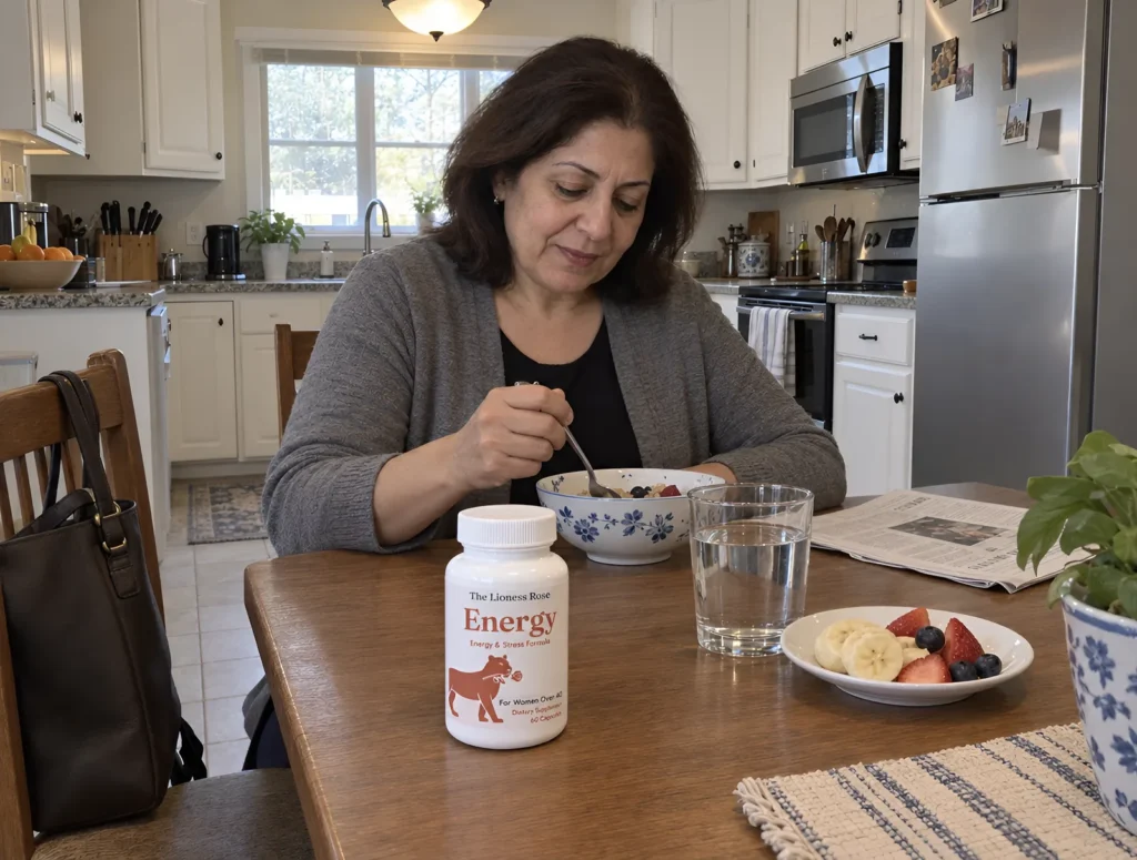 The Lioness Rose Energy bottle on the breakfast table beside a glass of water