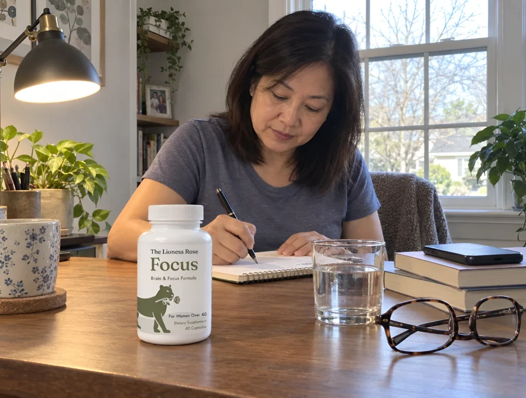 The Lioness Rose Focus bottle on a home desk while a woman works at midday