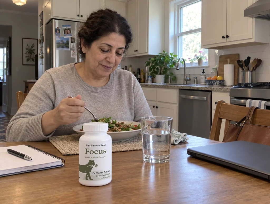 The Lioness Rose Focus bottle on the kitchen table beside a lunch plate