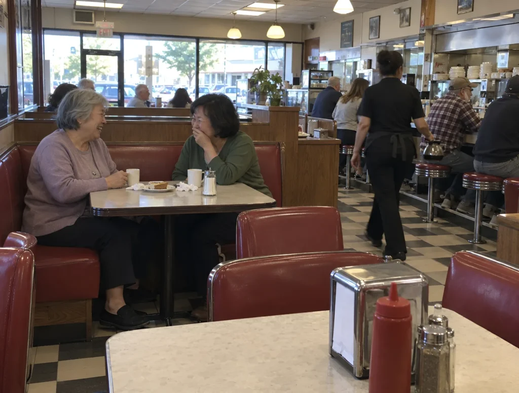 Two women in their 60s laughing together in a diner booth over cups of coffee