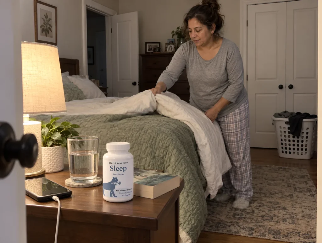 The Lioness Rose Sleep bottle on a bedside table while a woman folds back the covers