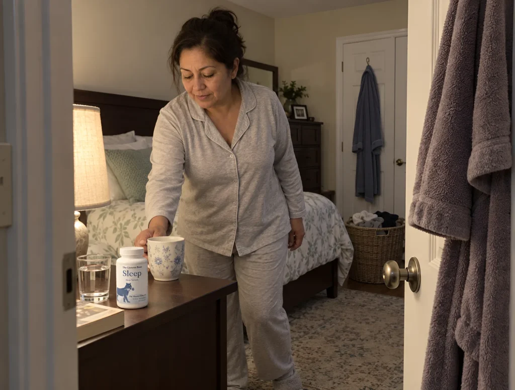 The Lioness Rose Sleep bottle on a bedside table beside a mug of tea