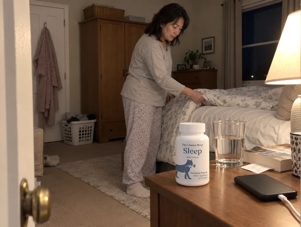 The Lioness Rose Sleep bottle and a glass of water on a nightstand while a woman turns down her bed