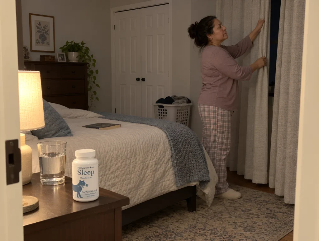 The Lioness Rose Sleep bottle on a nightstand in a quiet bedroom at night