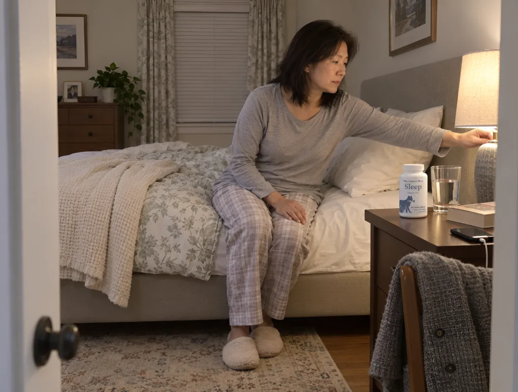 The Lioness Rose Sleep bottle on a nightstand while a woman turns off her lamp