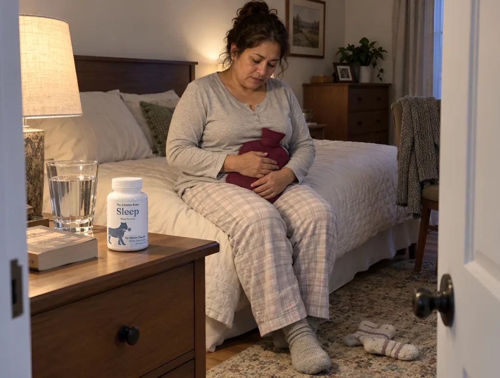 The Lioness Rose Sleep bottle on a bedside table beside a hot water bottle