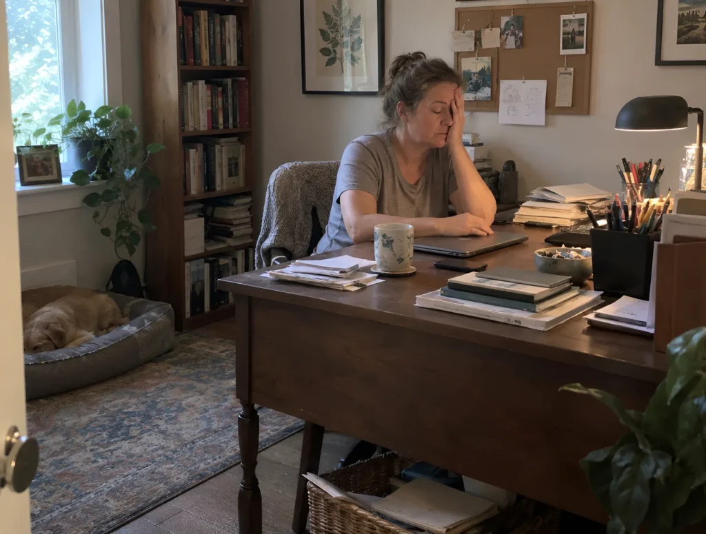 A woman rubbing her eyes at her desk in the early afternoon