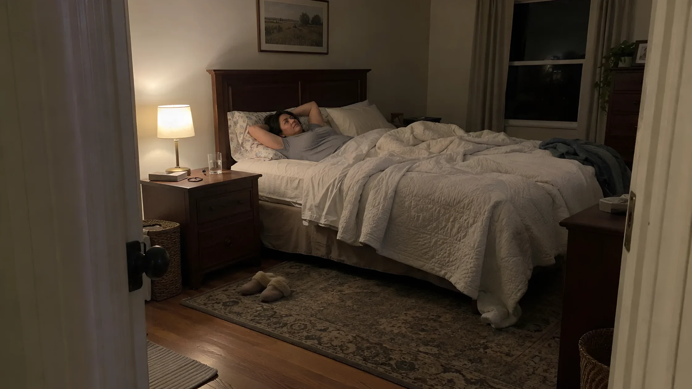 A woman lying awake in bed at night with the lamp still on