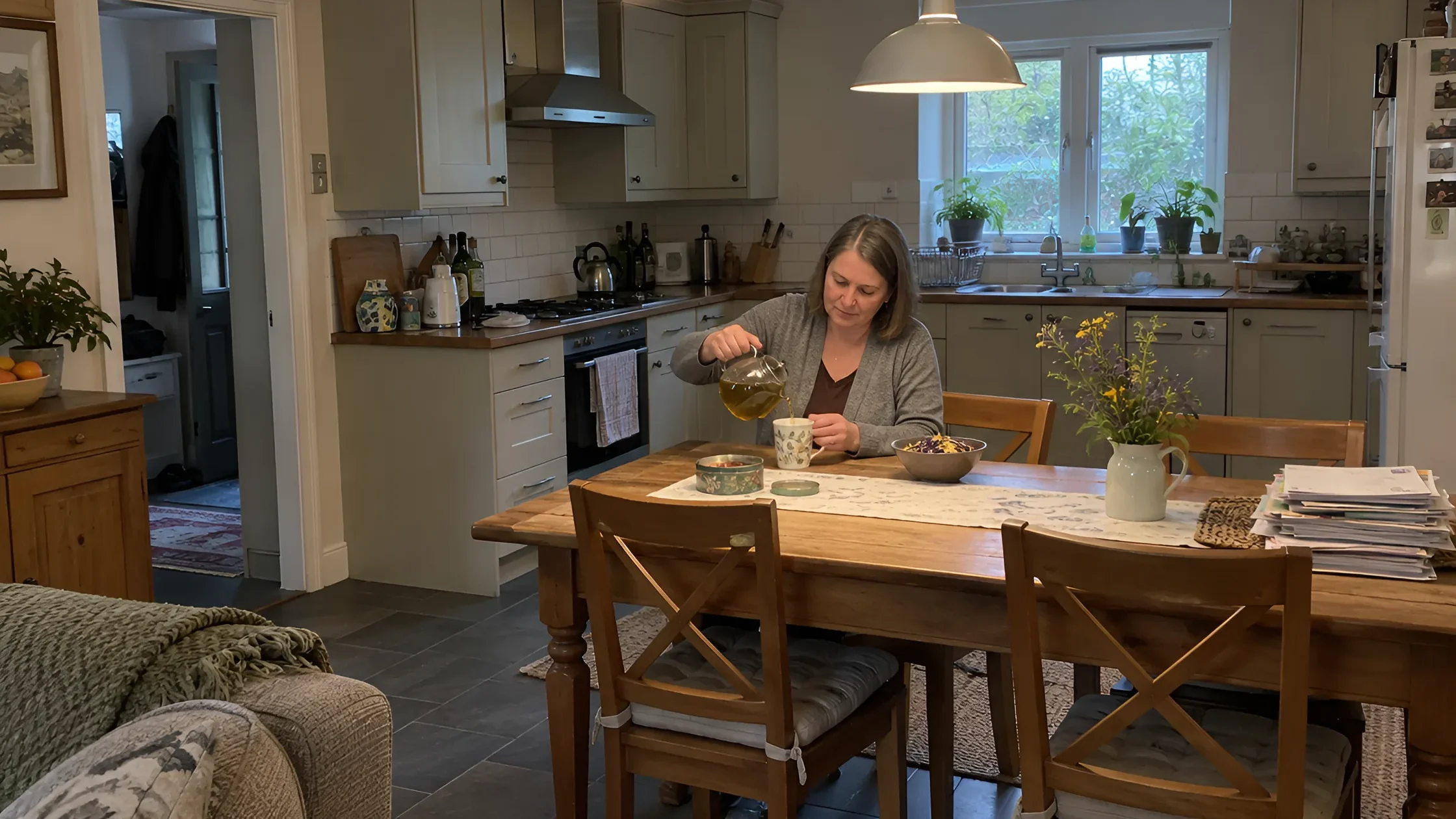 A woman pouring herbal tea from a glass pot at her kitchen table