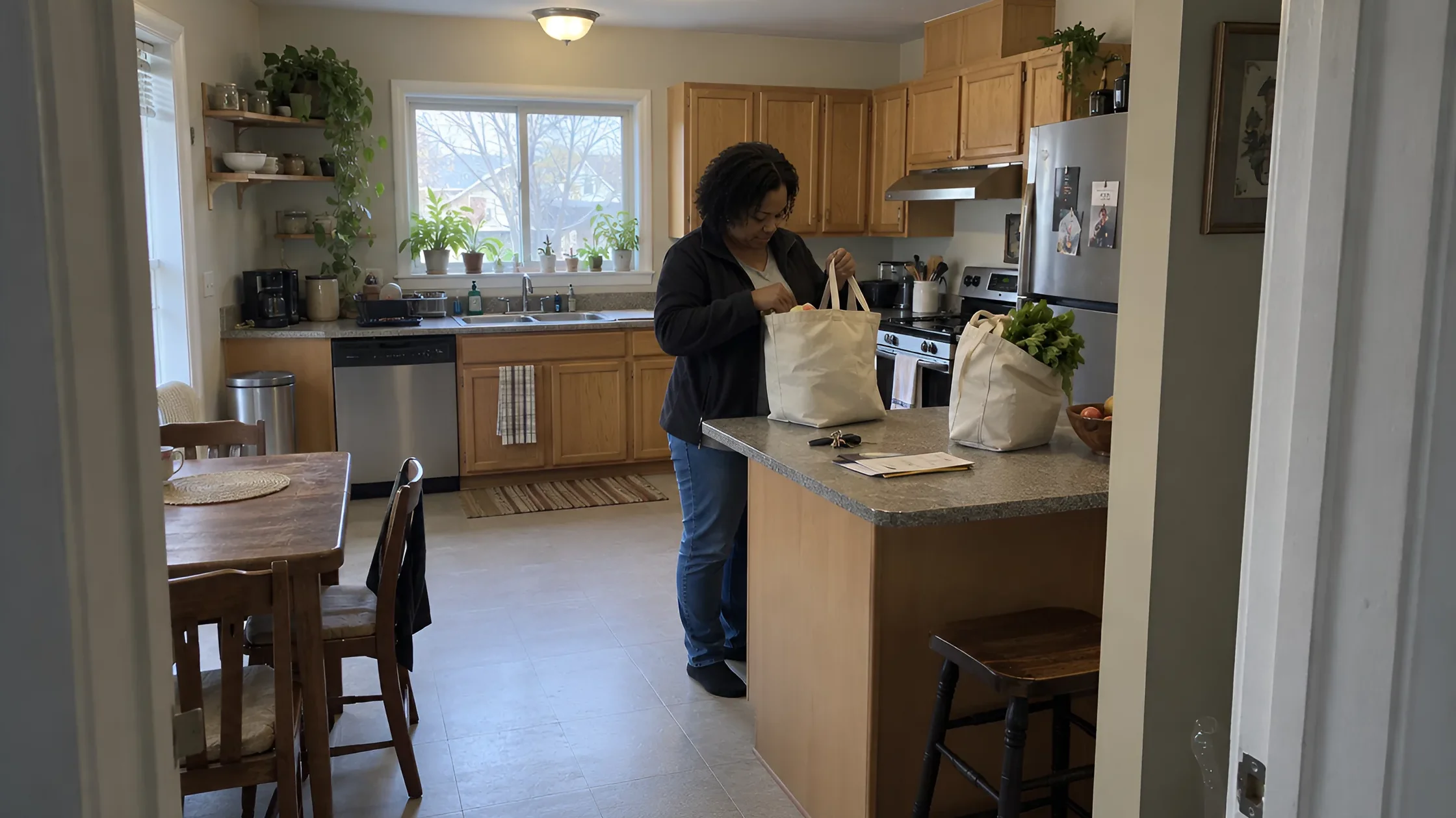 A woman carrying shopping bags into her kitchen and setting them on the counter