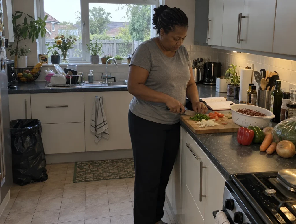 A woman chopping vegetables with a small food diary open on the counter