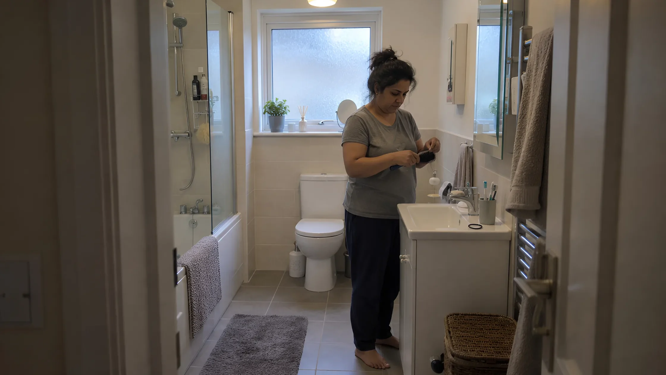 A woman pulling hair from her brush by the bathroom sink in the morning