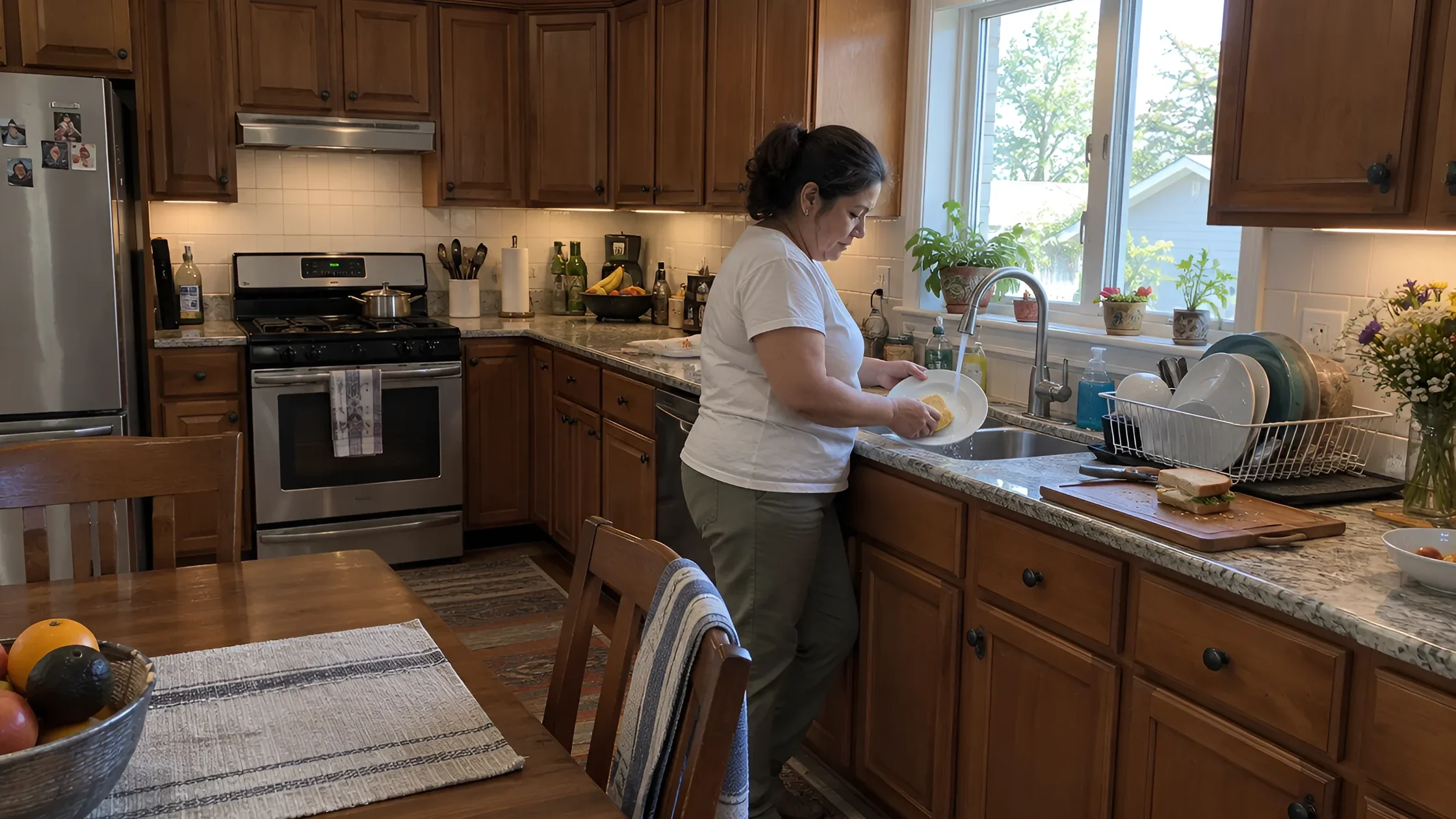 A woman clearing her plate at the kitchen sink after lunch