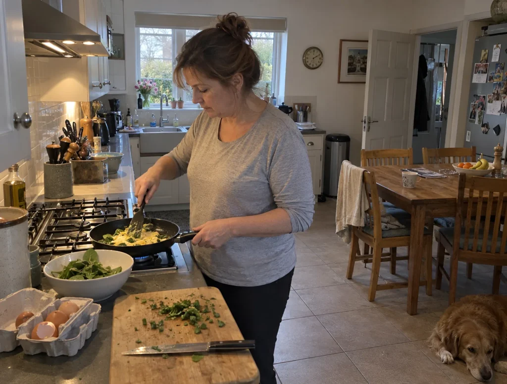 A woman cooking eggs and spinach at her hob in the morning