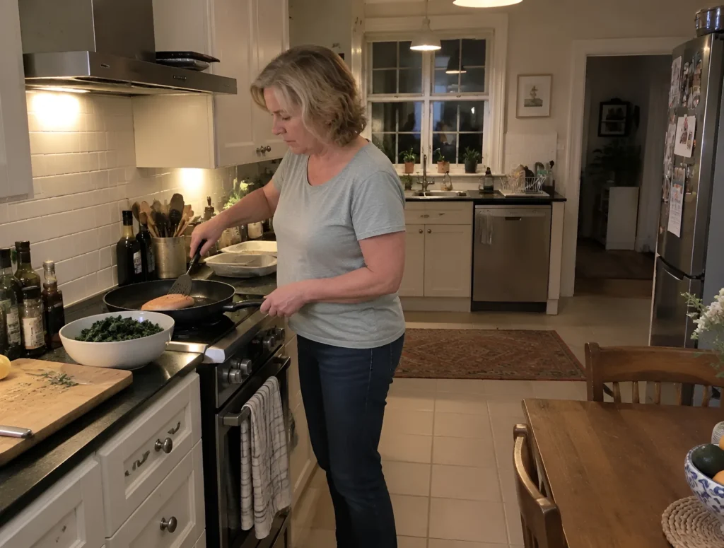 A woman cooking salmon and greens at her hob in the evening