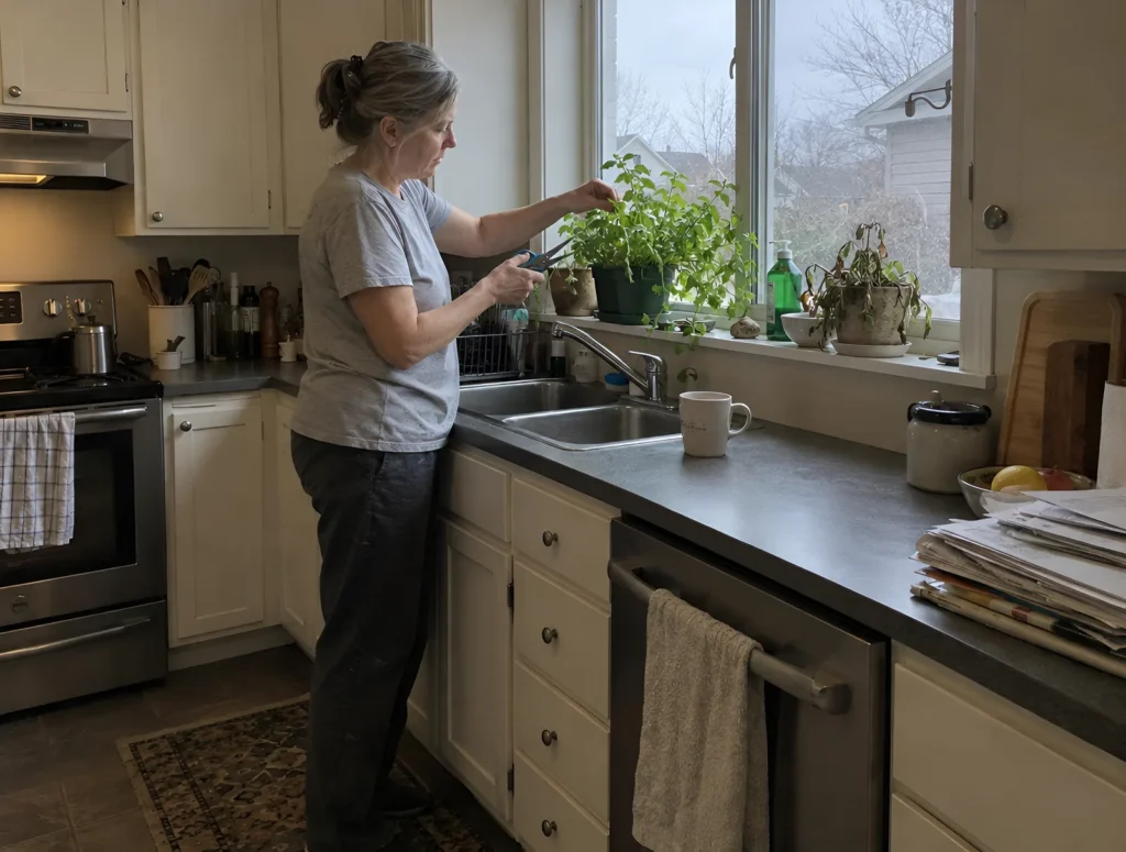 A woman cutting lemon balm from a pot on her kitchen windowsill, a mug waiting beside it