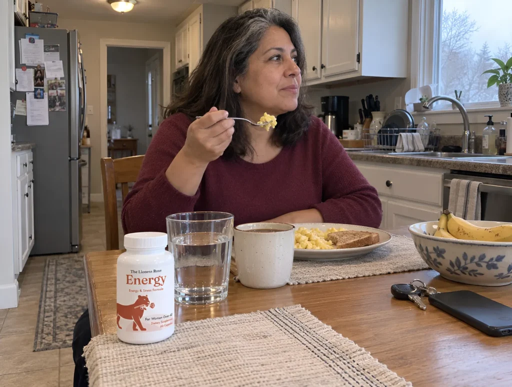 A woman in her 50s eating breakfast at her kitchen table with a glass of water and her Energy bottle on the table