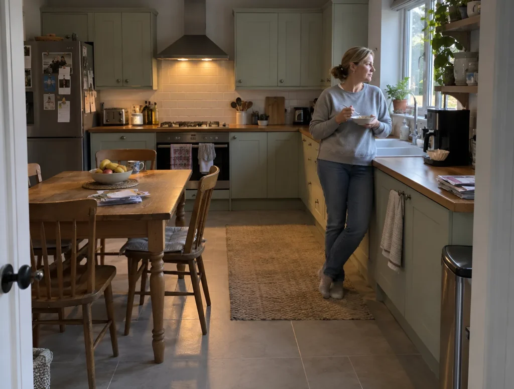 A woman eating yogurt standing at her kitchen counter in the morning