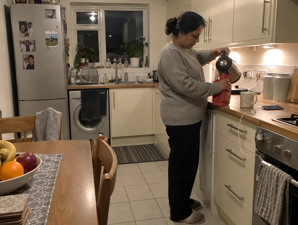 A woman filling a hot water bottle at her kitchen sink
