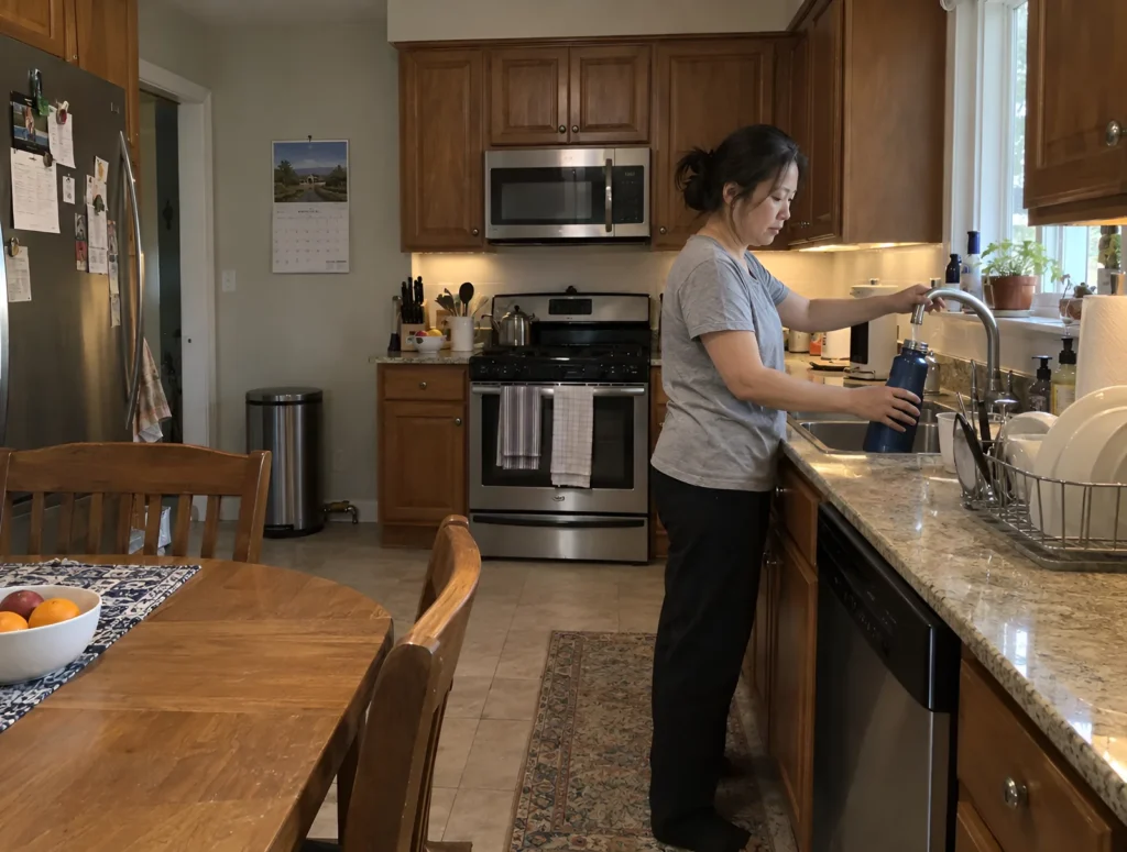 A woman filling a big water bottle at her kitchen tap