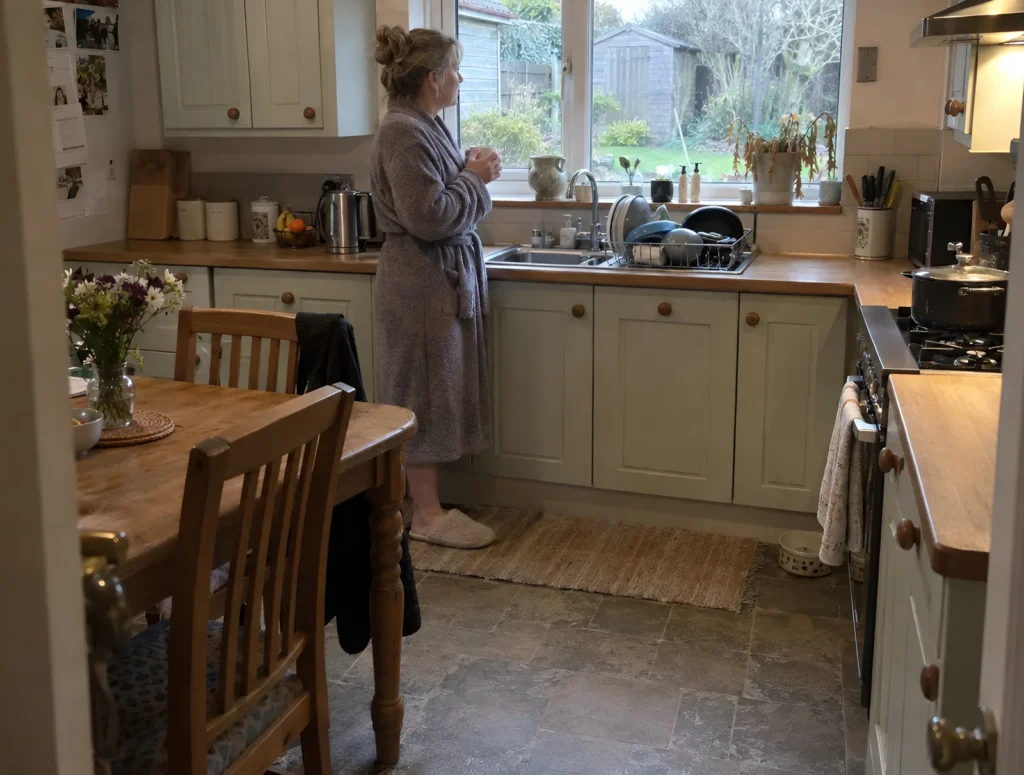 A woman holding a mug by her kitchen window early in the morning