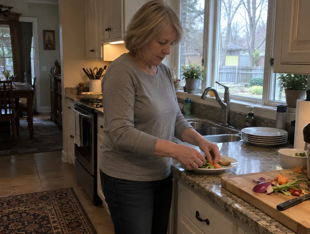 A woman putting together a small plate of food at her kitchen counter