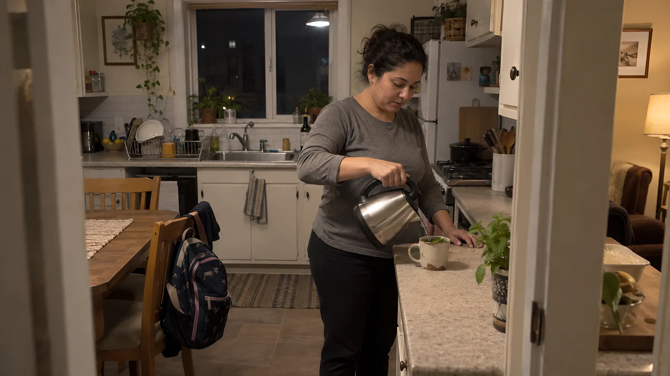 A woman pouring hot water over fresh lemon balm leaves in a mug in her kitchen in the evening