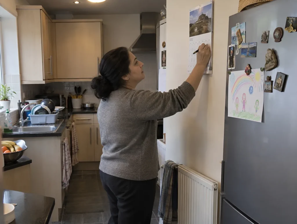 A woman marking a paper wall calendar in her kitchen