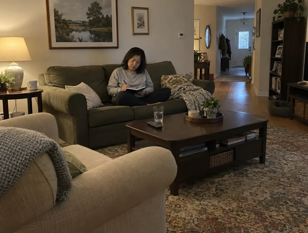 A woman noting her symptoms in a small diary on the sofa in the evening