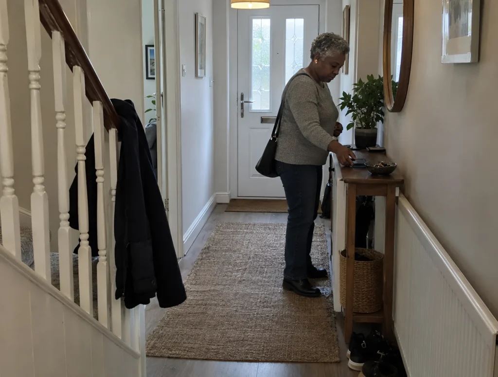 A woman putting her phone face down on a hallway shelf