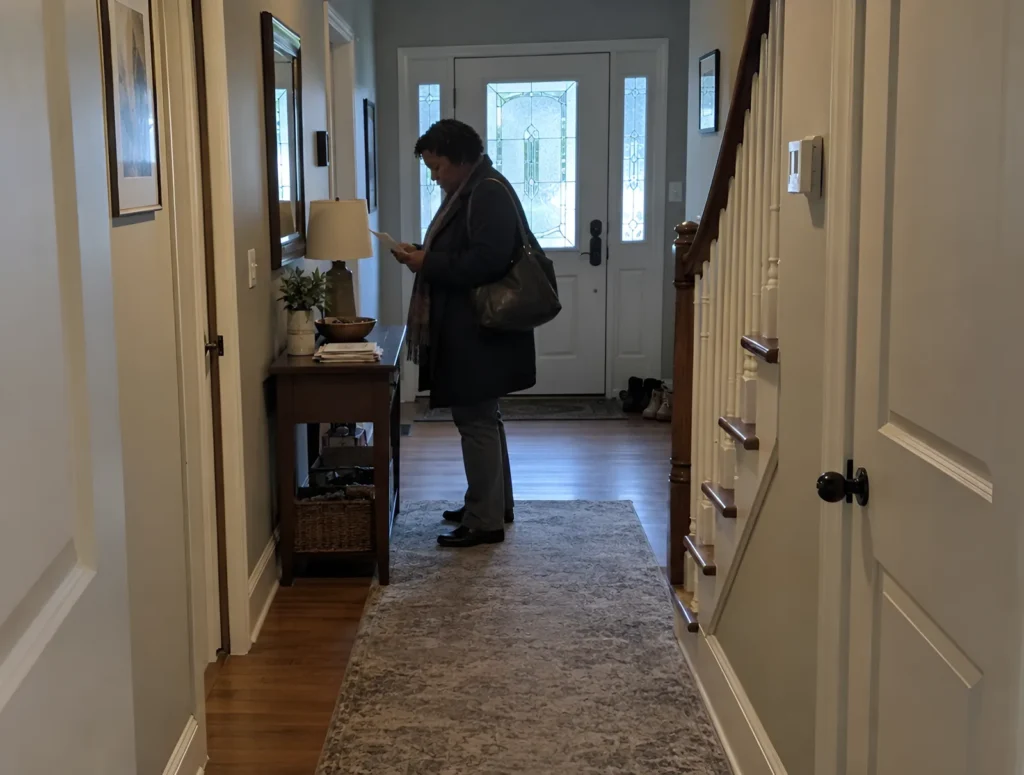 A woman reading a letter at the table in her hallway, her coat still on