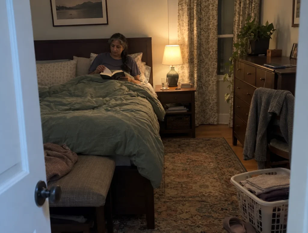 A woman in her 50s reading a paper book in bed under a lamp, her phone charging across the room