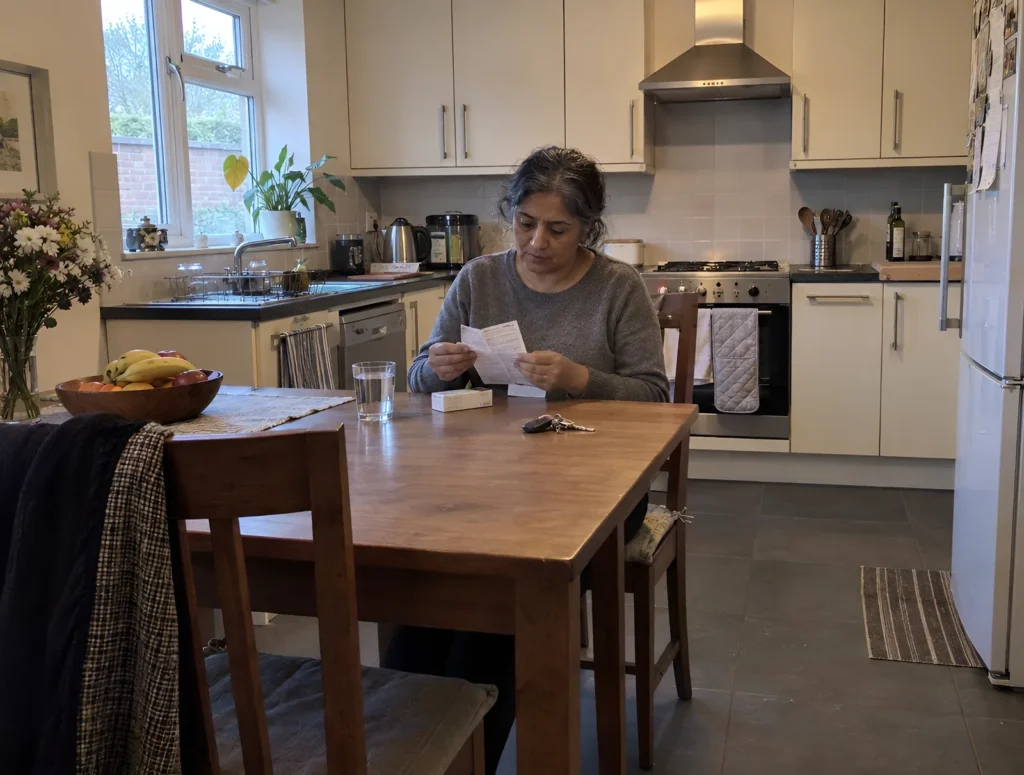 A woman reading the leaflet from a medicine box at her kitchen table