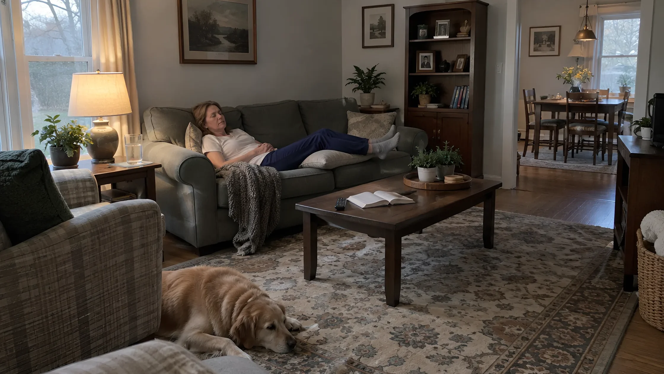 A woman resting on her sofa in the afternoon with a big glass of water beside her